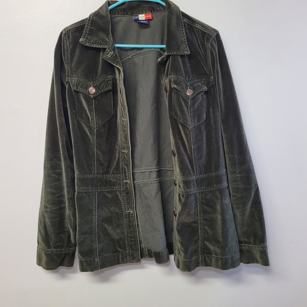 French Kuff Womens Green Velvet Button Up Utility Jacket Medium